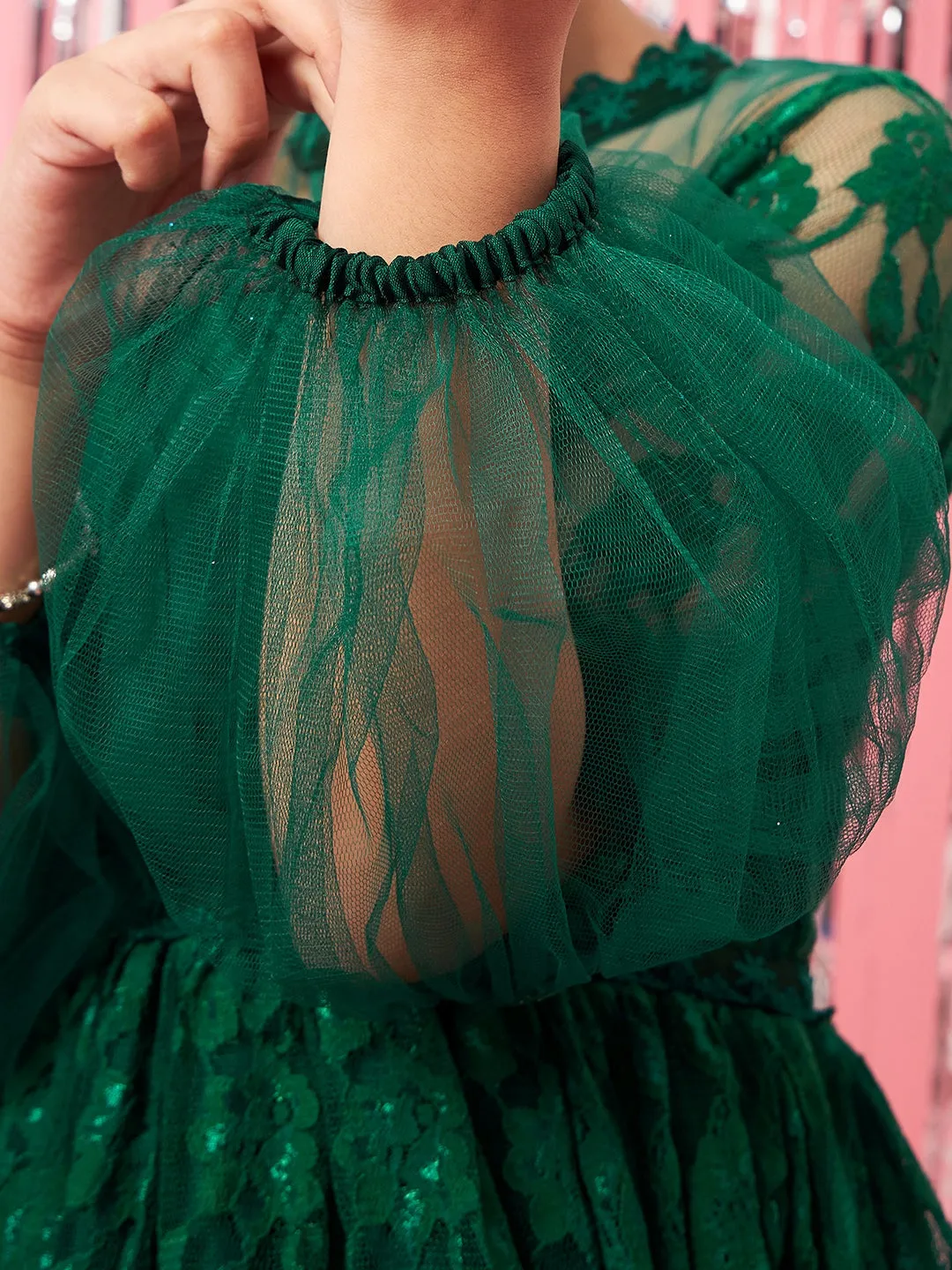 Girls Self Design Gathered Lace Fit Flare Dress