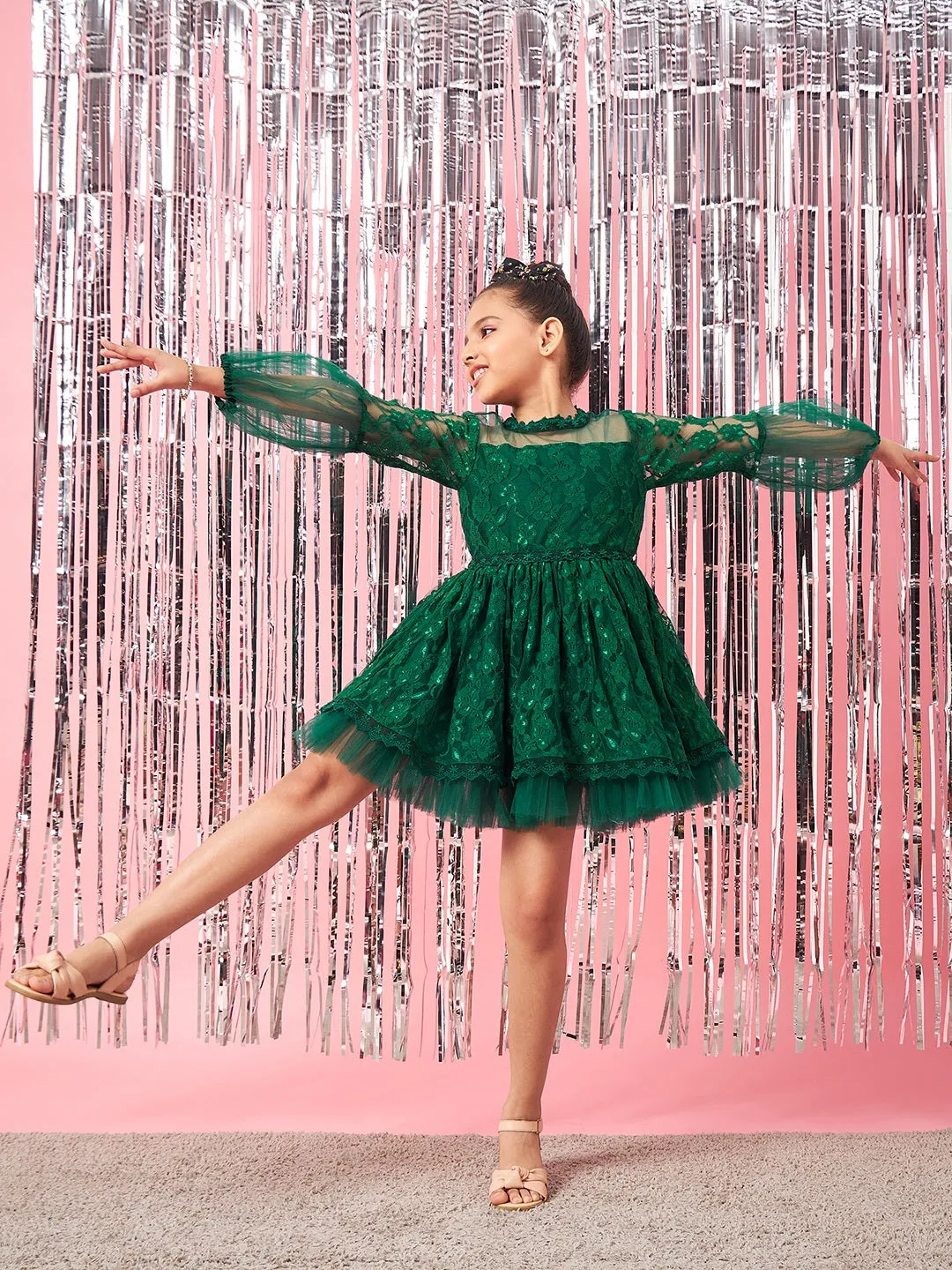 Girls Self Design Gathered Lace Fit Flare Dress