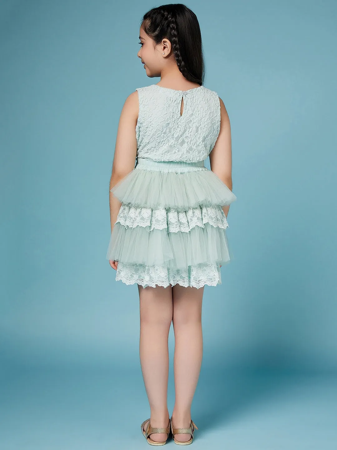 Girls Self Design Sleeveless Top With Skirt
