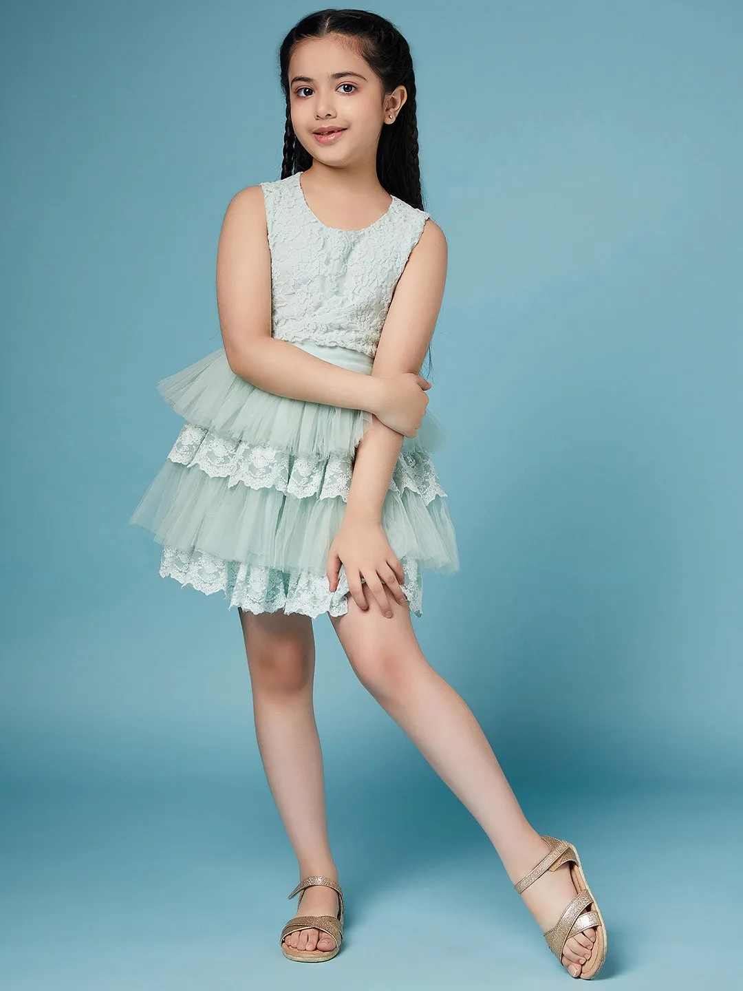 Girls Self Design Sleeveless Top With Skirt