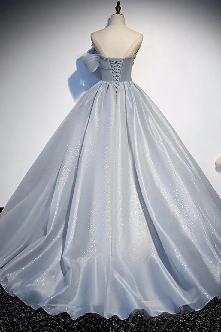 Gray Tulle Long A-Line Prom Dress, Gray Strapless Formal Evening Gown       S5383