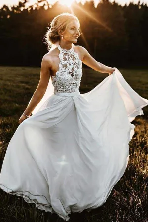 Halter Lace Wedding Dress Chiffon Beach Birdal Gown