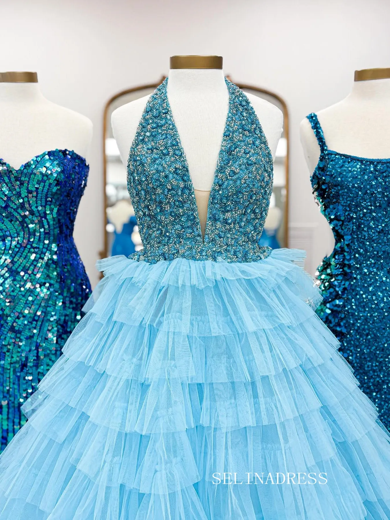 Halter Ruched Light Blue Ball Gown Evening Dress With Slit SEW1157