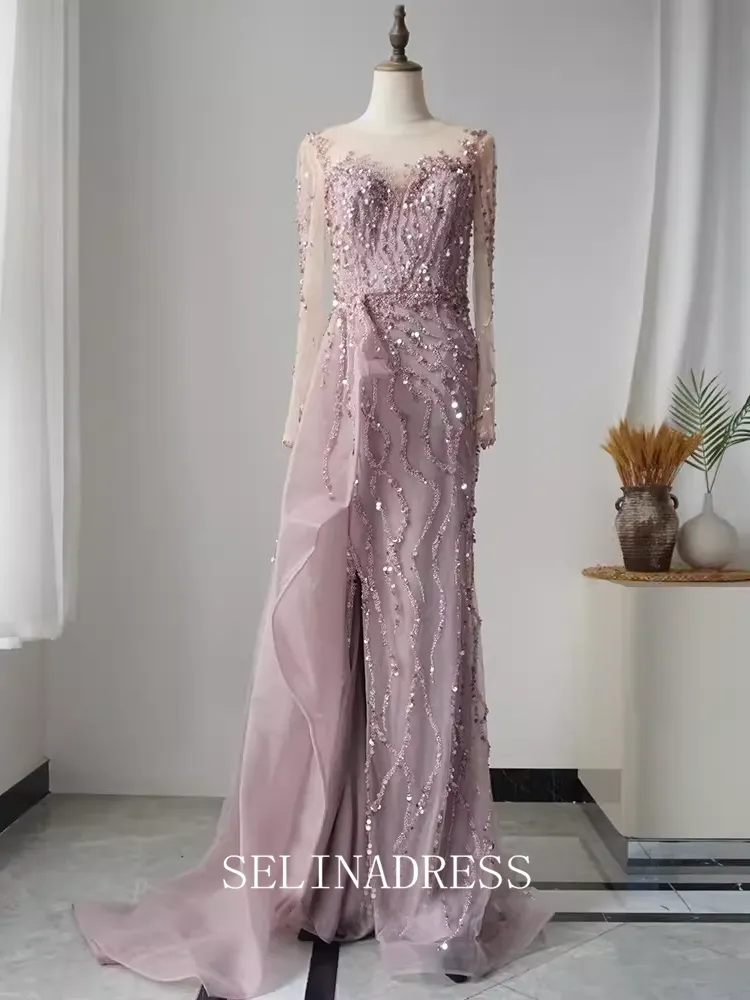 High Quality Mermaid Sky Blue Prom Dress Long Sleeve Beaded Dubai Evening Formal Gown EWR108