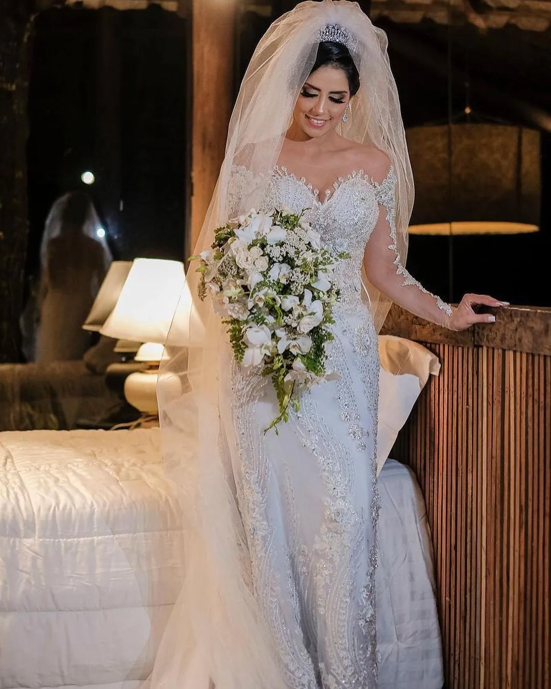Jewel Off-the-Shoulder Long Sleeve Mermaid Wedding Dress with Lace Appliques