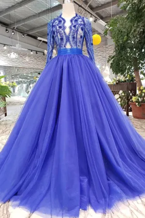 kamahe Blue Long Sleeves V Neck Tulle Prom Dresses with Beading