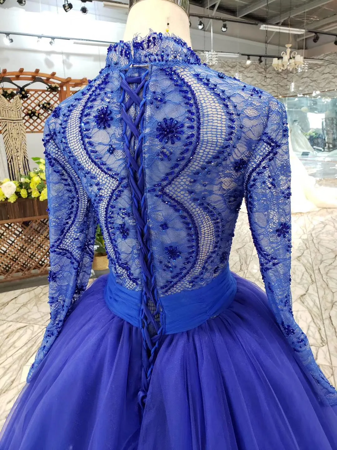 kamahe Blue Long Sleeves V Neck Tulle Prom Dresses with Beading