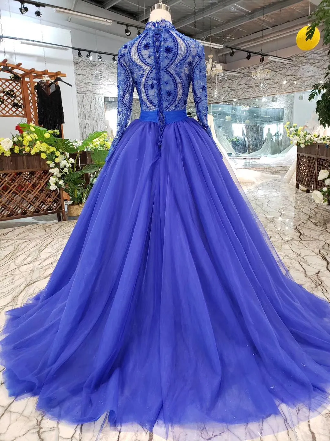 kamahe Blue Long Sleeves V Neck Tulle Prom Dresses with Beading