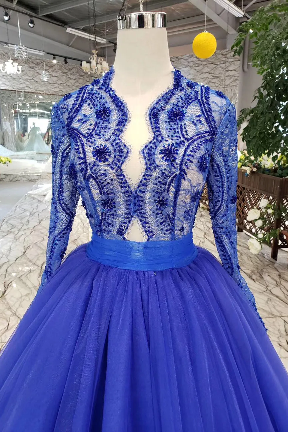 kamahe Blue Long Sleeves V Neck Tulle Prom Dresses with Beading