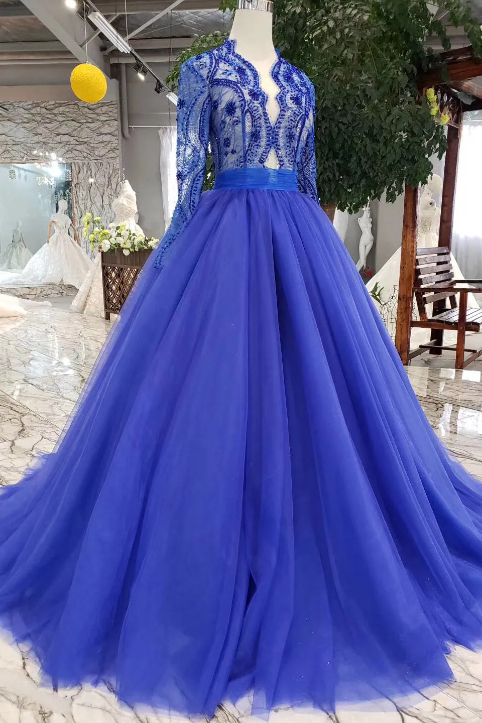 kamahe Blue Long Sleeves V Neck Tulle Prom Dresses with Beading