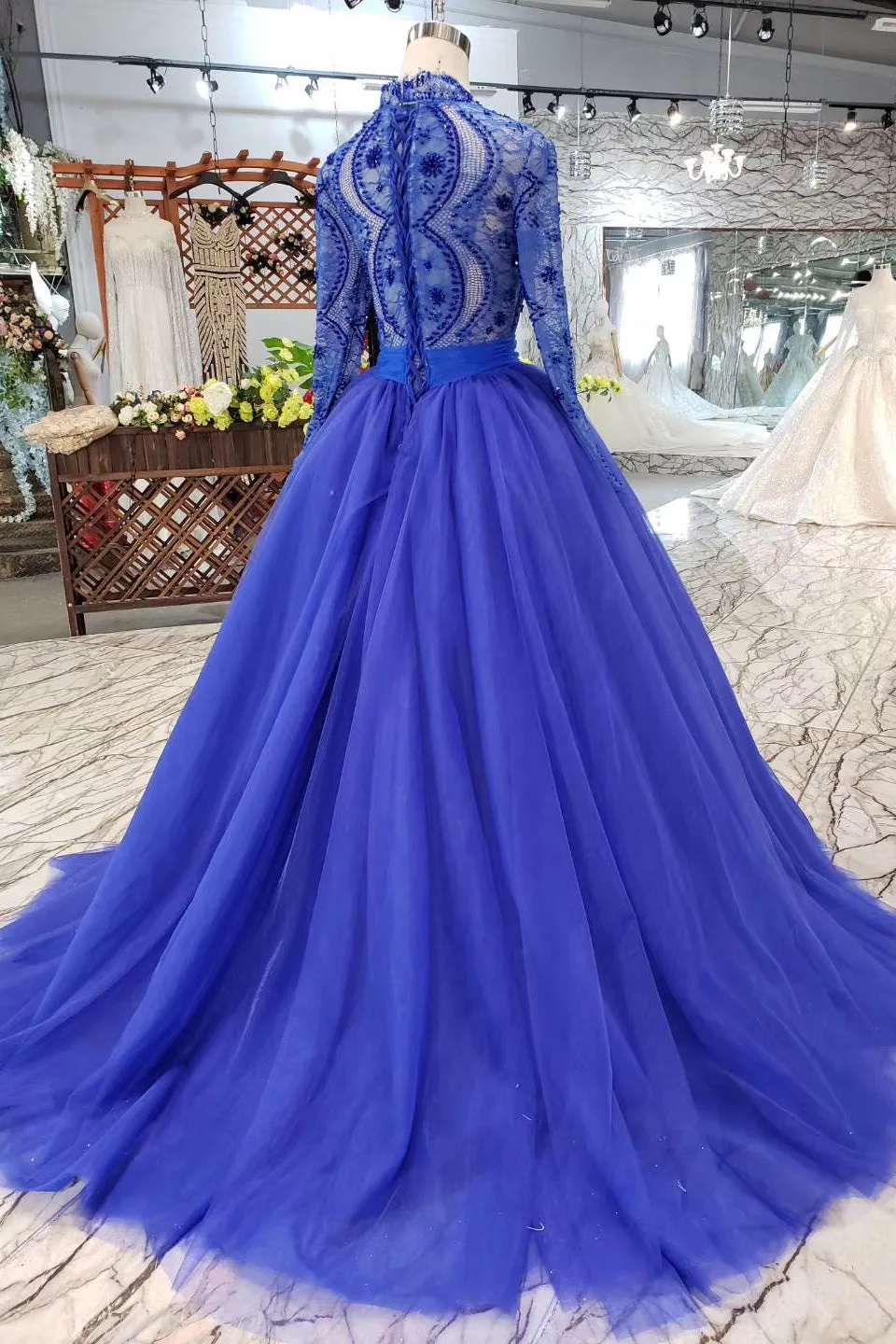 kamahe Blue Long Sleeves V Neck Tulle Prom Dresses with Beading