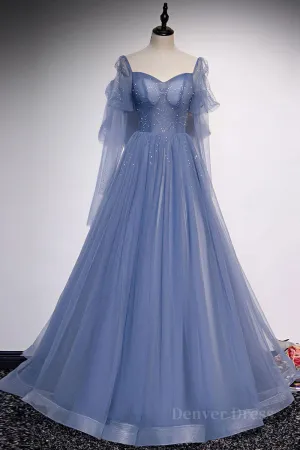 kamahe Blue sweetheart tulle sequin long prom dress blue formal dress