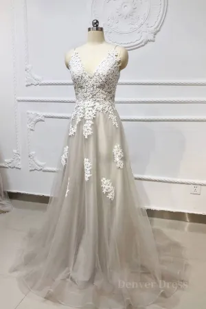 kamahe Gray v neck tulle lace long prom dress, gray tulle evening dress