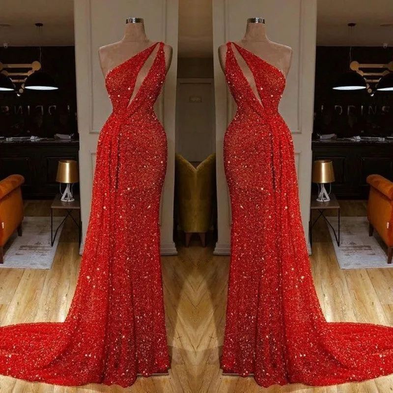 kamahe One Shoulder Red Prom Dress Sequins Long On Sale