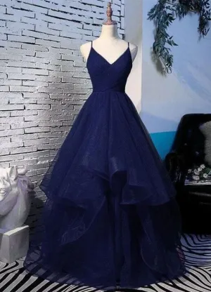 kamahe Pretty Navy Blue Prom Dresses, Tulle Straps Long Prom Dress
