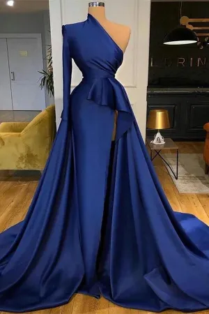 kamahe Royal Blue One Shoulder Long Sleeves Slit Prom Dress Overskirt