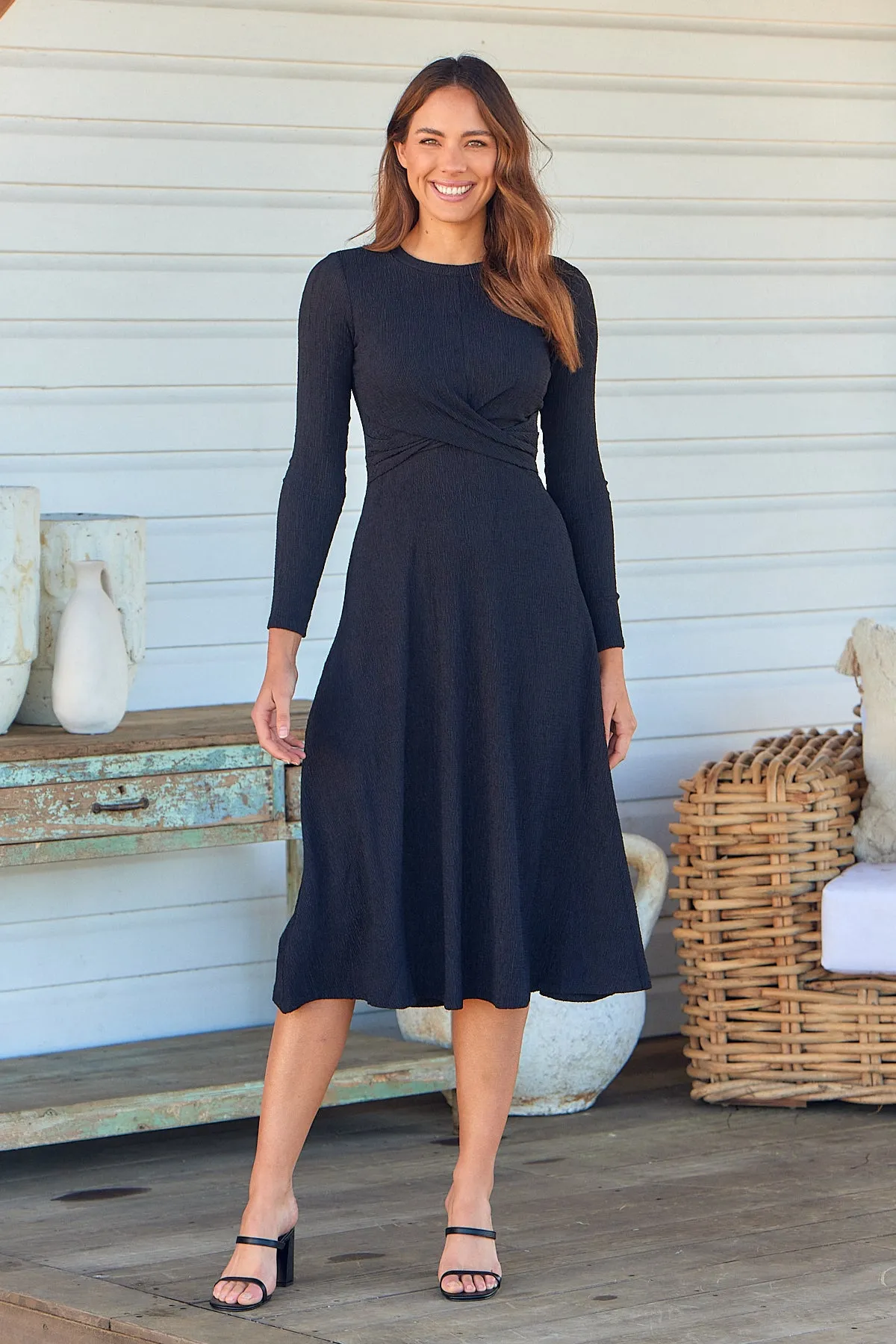 Kendra Black Long Sleeve Knot Front Evening Dress