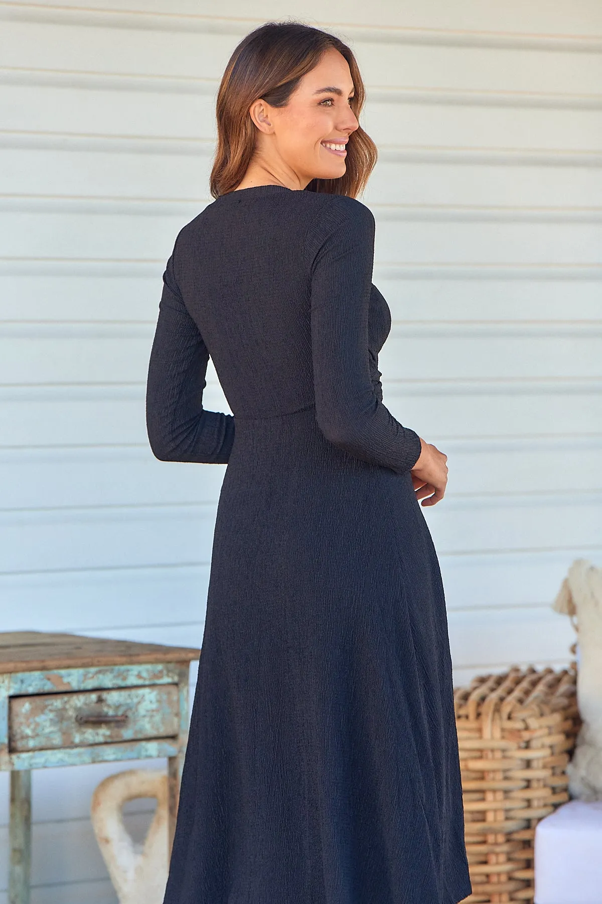 Kendra Black Long Sleeve Knot Front Evening Dress