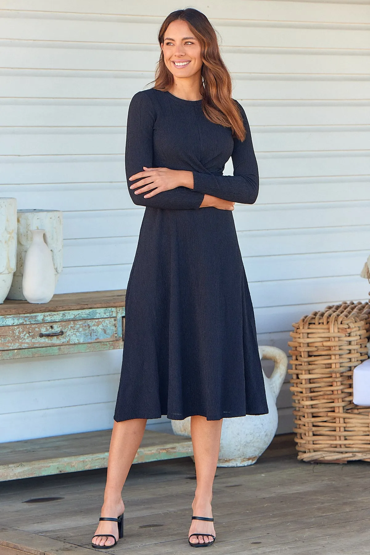 Kendra Black Long Sleeve Knot Front Evening Dress