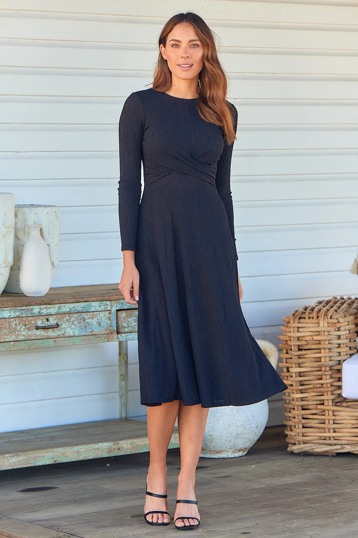 Kendra Black Long Sleeve Knot Front Evening Dress