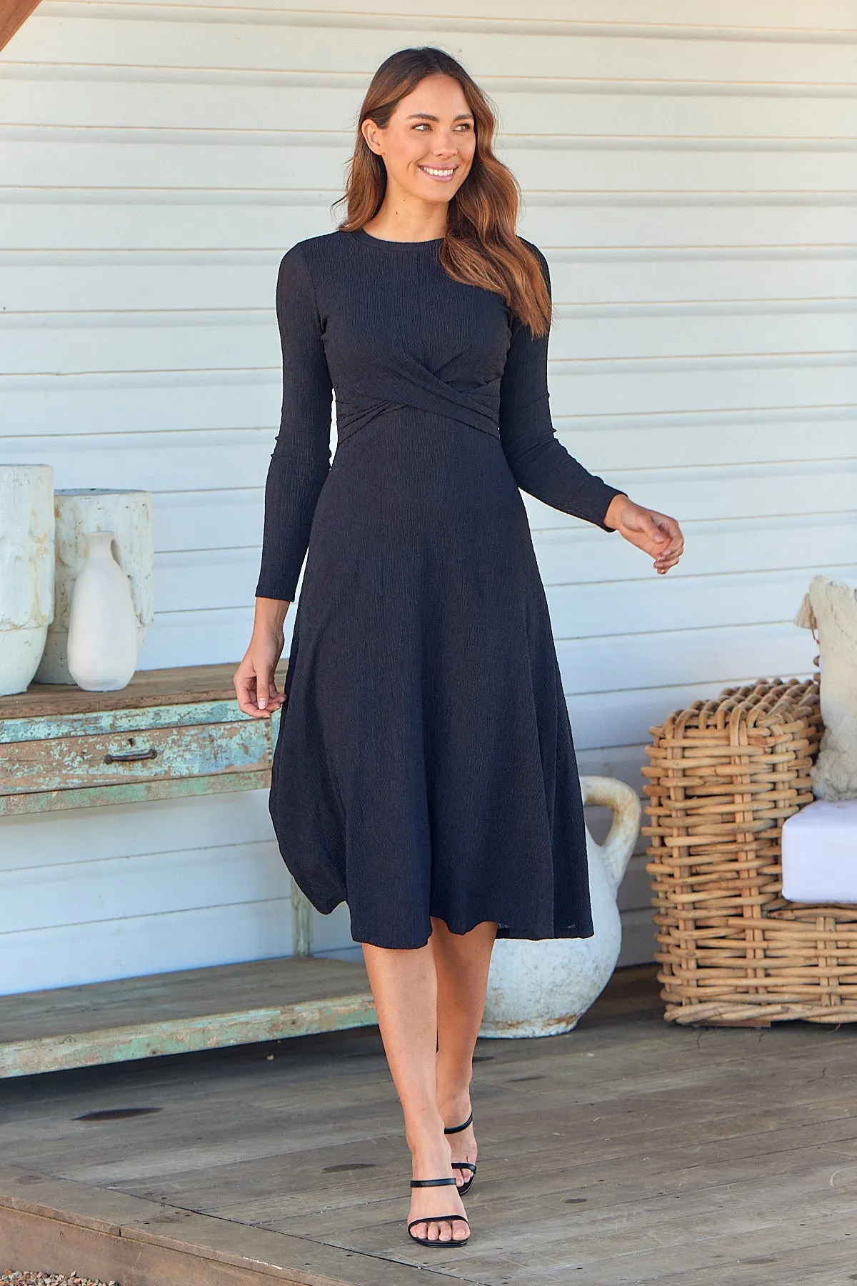 Kendra Black Long Sleeve Knot Front Evening Dress