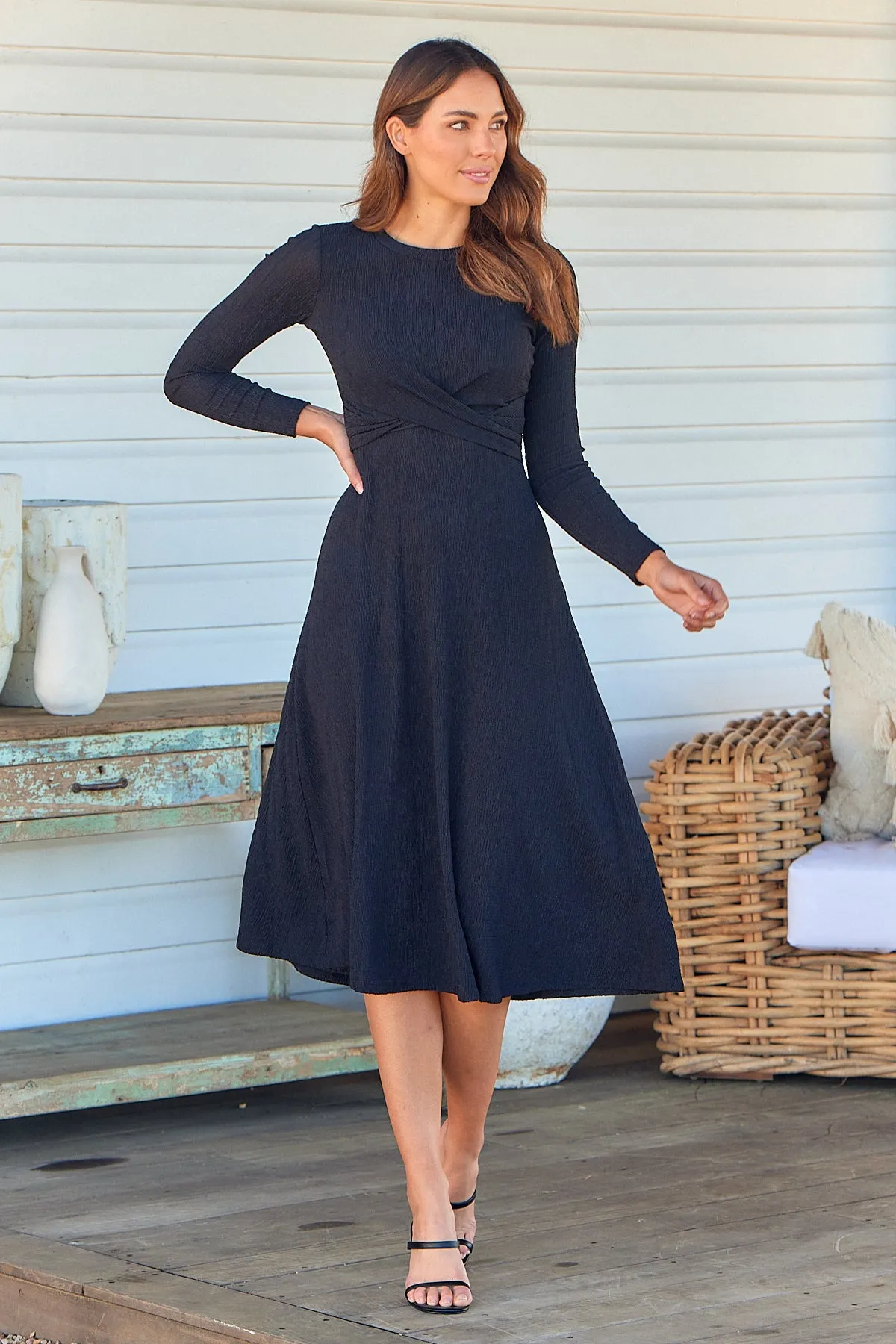 Kendra Black Long Sleeve Knot Front Evening Dress