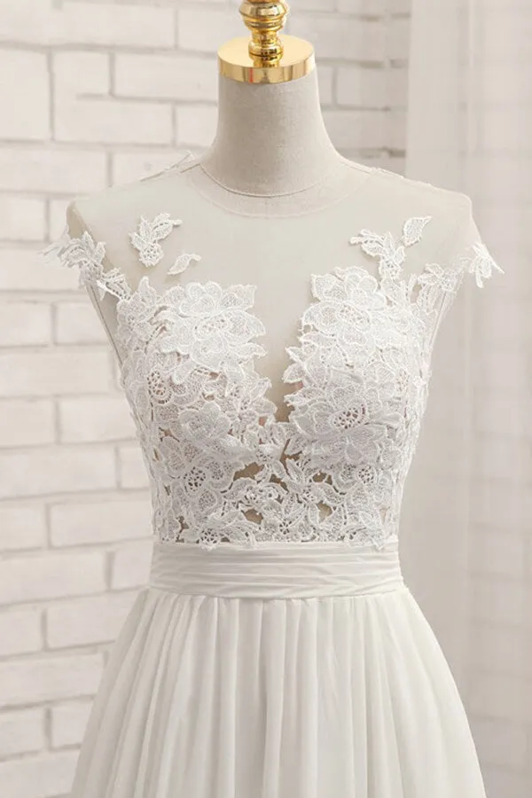 Long A-line Appliques Lace Chiffon Wedding Dress with Slit