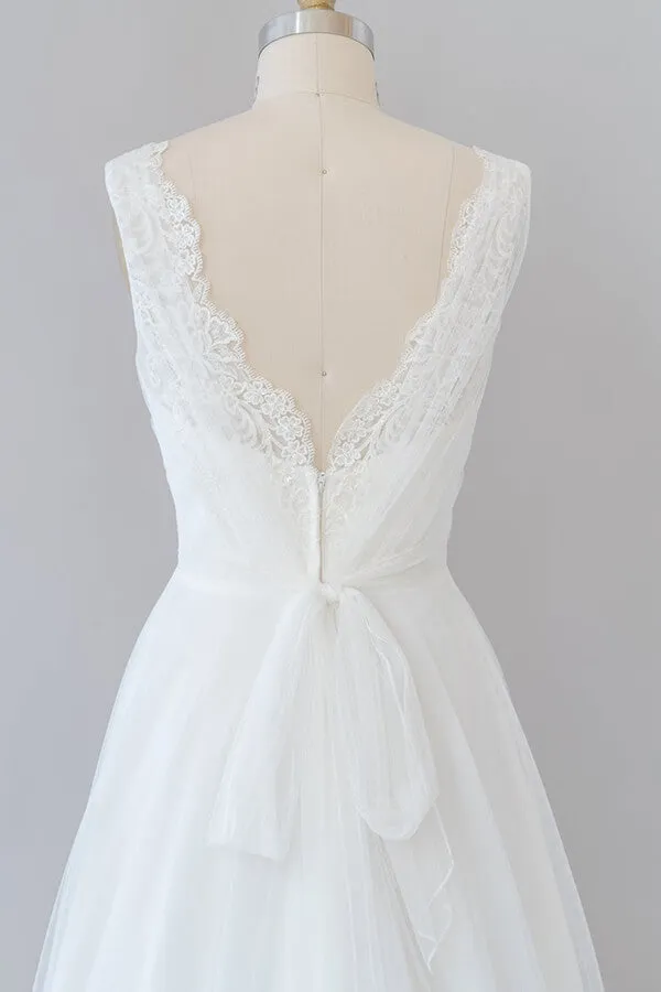 Long A-line V-neck Lace Tulle Backless Wedding Dress