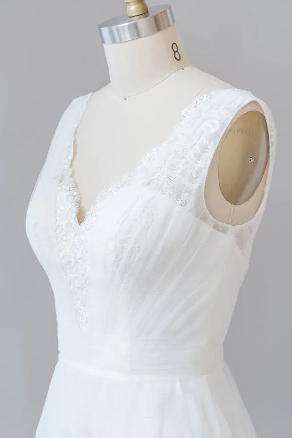 Long A-line V-neck Lace Tulle Backless Wedding Dress