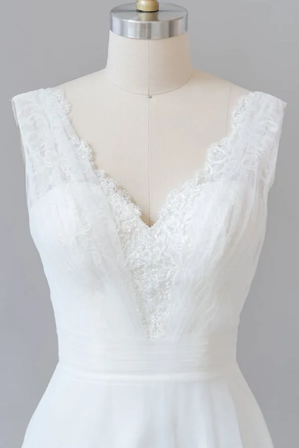 Long A-line V-neck Lace Tulle Backless Wedding Dress