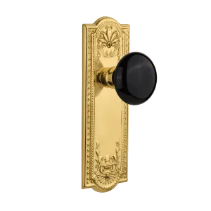 Meadows Long Plate with Black Porcelain Knob in Unlacquered Brass