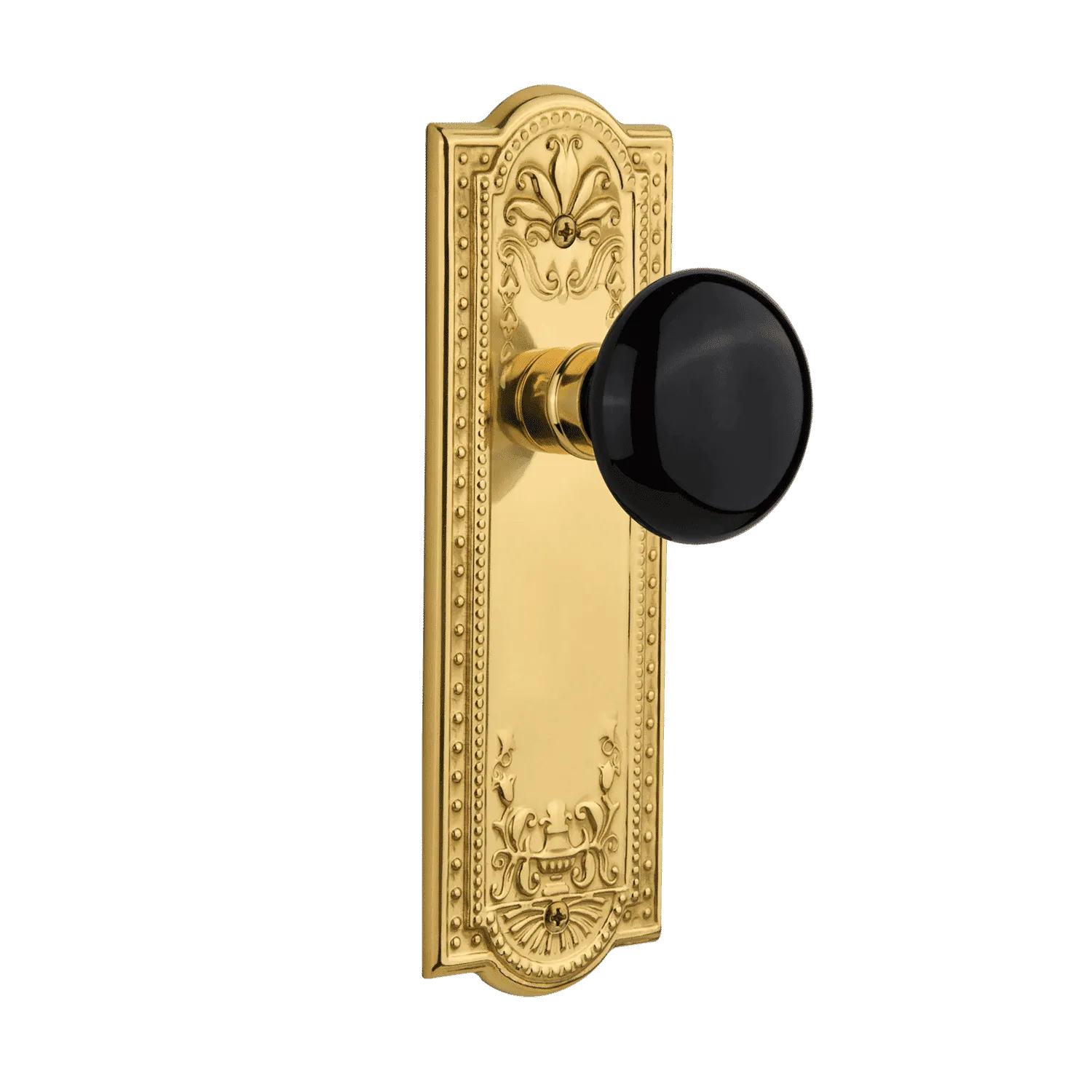 Meadows Long Plate with Black Porcelain Knob in Unlacquered Brass