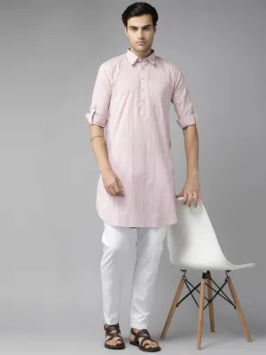 Men Baby Pink Regular Pure Cotton Pathani Kurta With White Salwar
