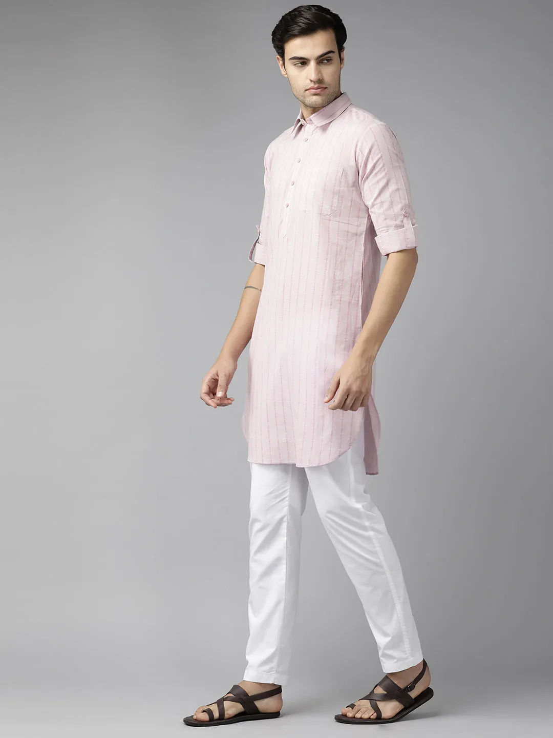 Men Baby Pink Regular Pure Cotton Pathani Kurta