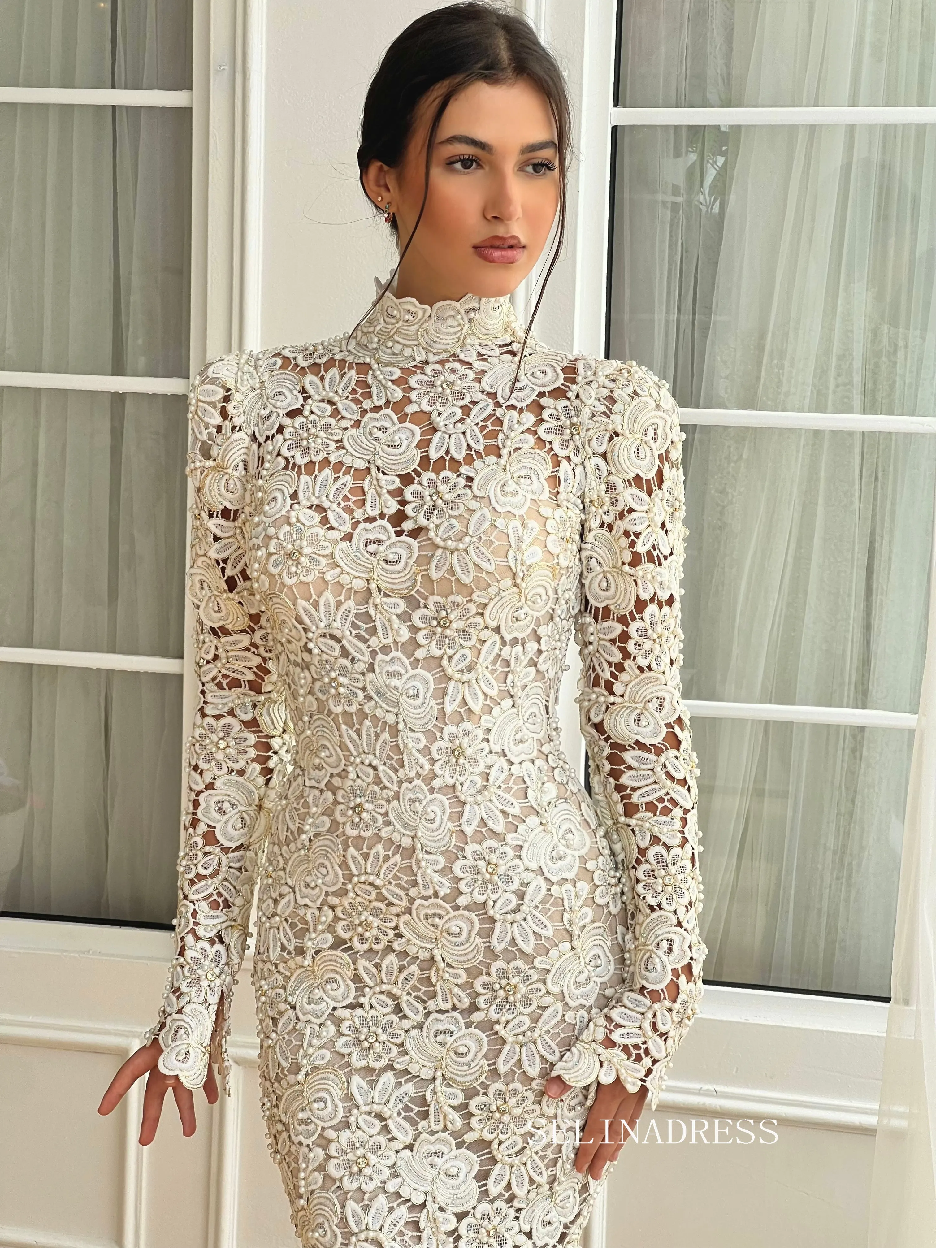 Mermaid High Neck Long Sleeve Wedding Dress Flower Lace Bridal Gowns JKL3121
