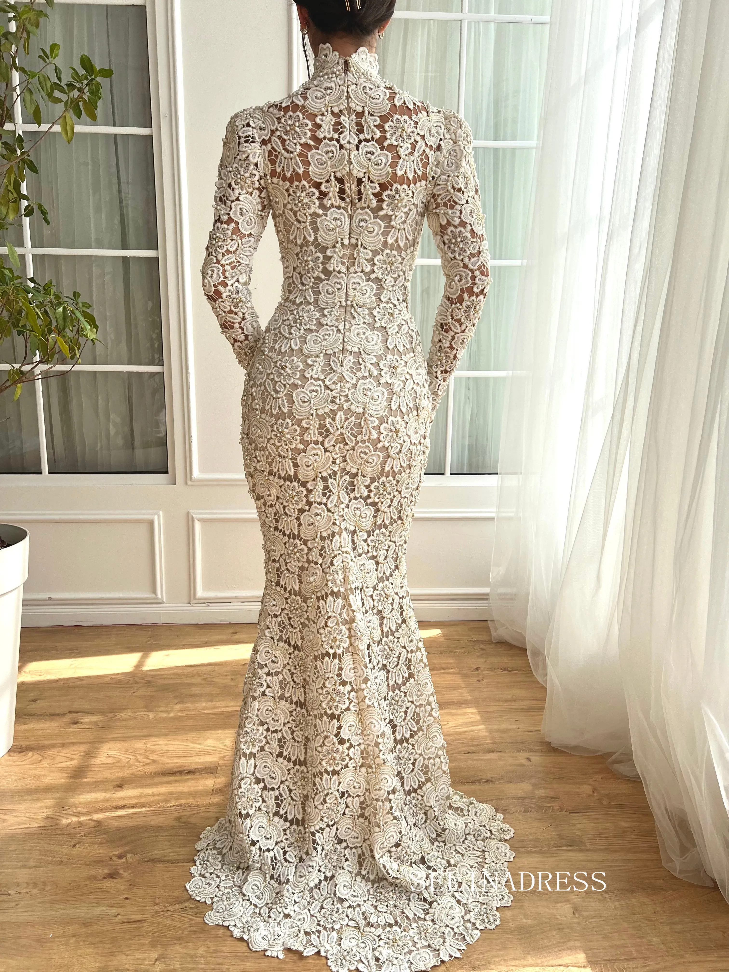 Mermaid High Neck Long Sleeve Wedding Dress Flower Lace Bridal Gowns JKL3121