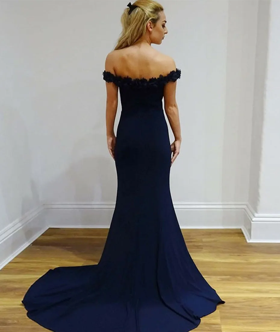 Mermaid Off Shoulder Appliques Navy Blue Long Prom Dresses, Mermaid Navy Blue Formal Evening Dresses Off Shoulder Graduation Dresses