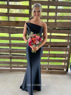 Mermaid Strapless Black Satin Long Prom Dress sew1049