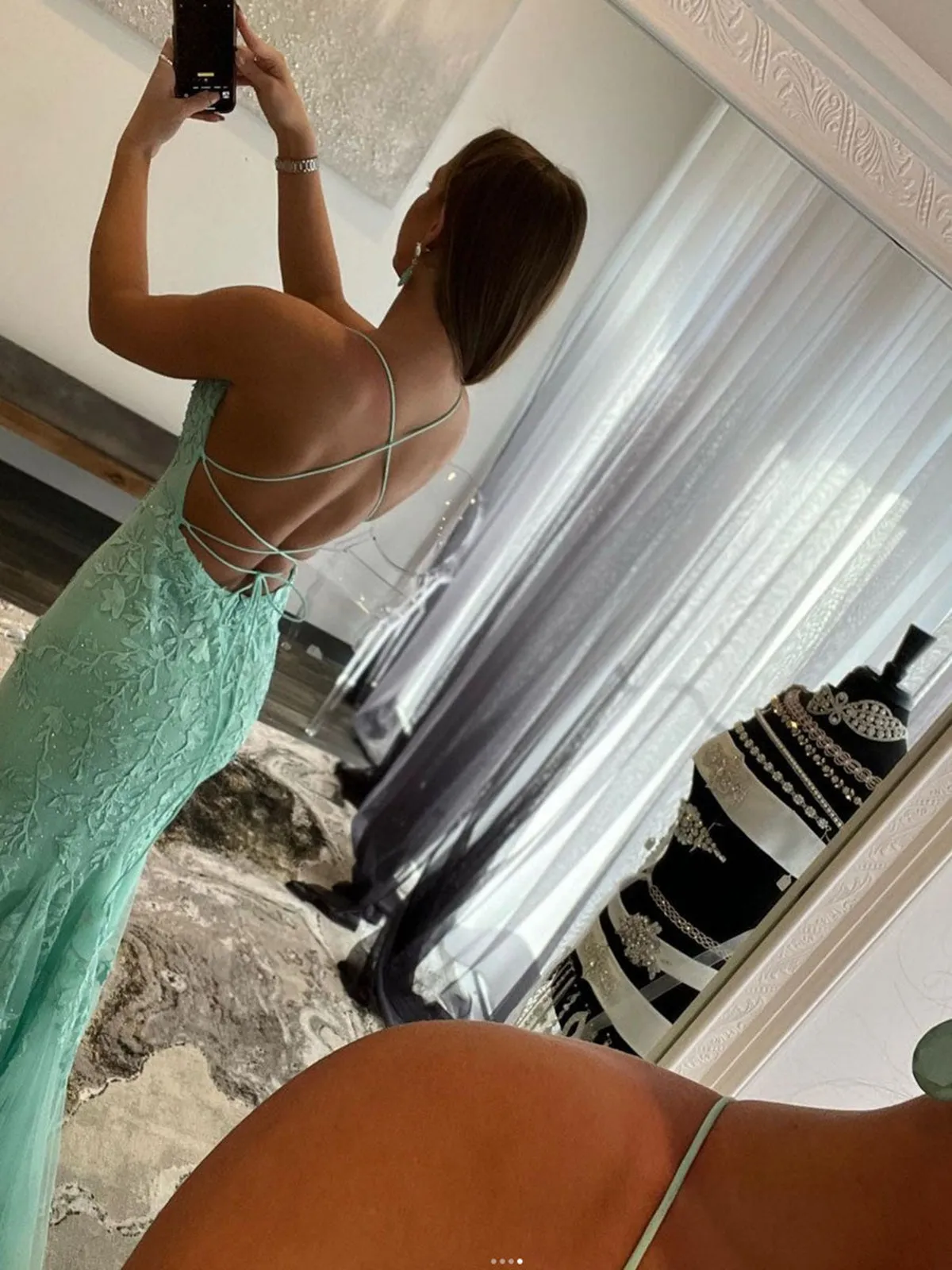 Mint Green Lace Mermaid Backless Long Prom Dresses, Mermaid Mint Green Formal Dresses, Mint Green Lace Evening Dresses