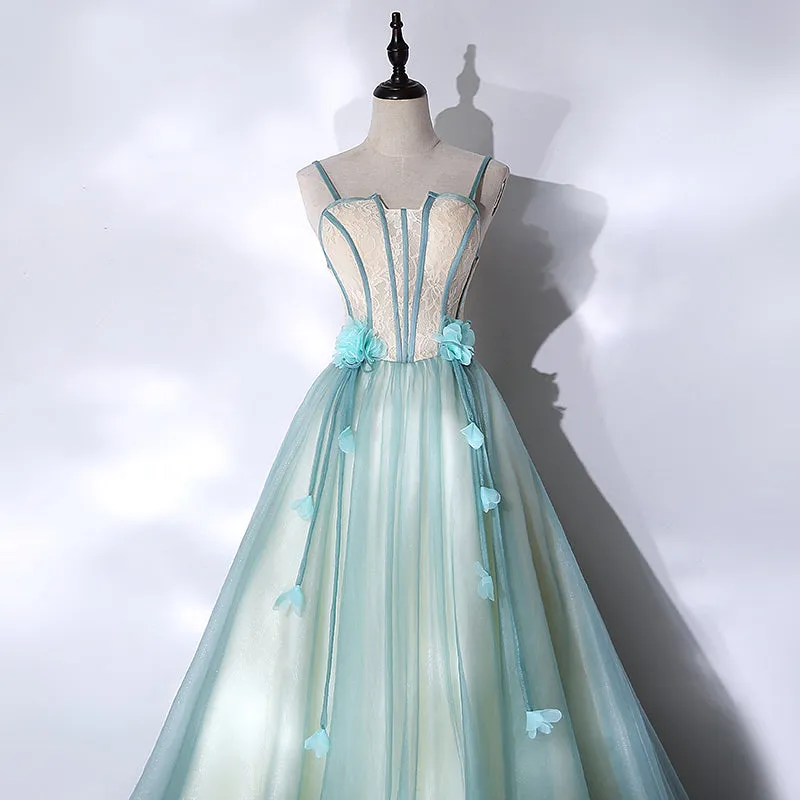 Mint Green Long Tulle with Lace Sweet 16 Dress, Long Party Dresses