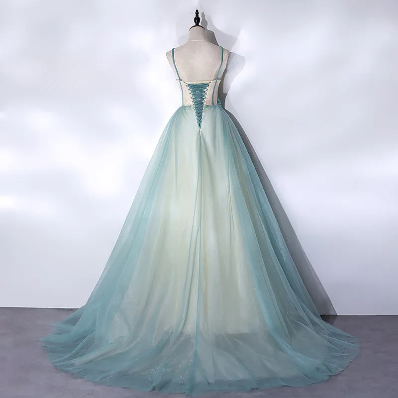 Mint Green Long Tulle with Lace Sweet 16 Dress, Long Party Dresses