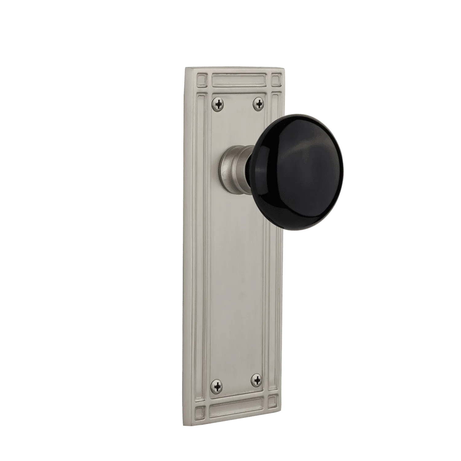 Mission Long Plate with Black Porcelain Knob in Satin Nickel