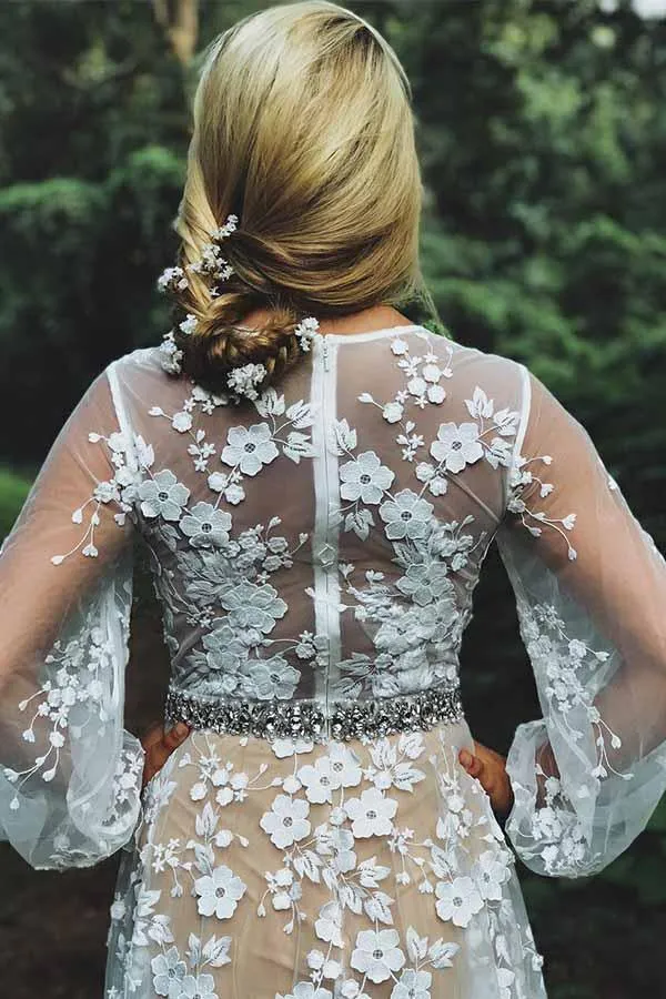 Modest V-neck White Lace Long Sleeves Wedding Dress with Beading  WD330