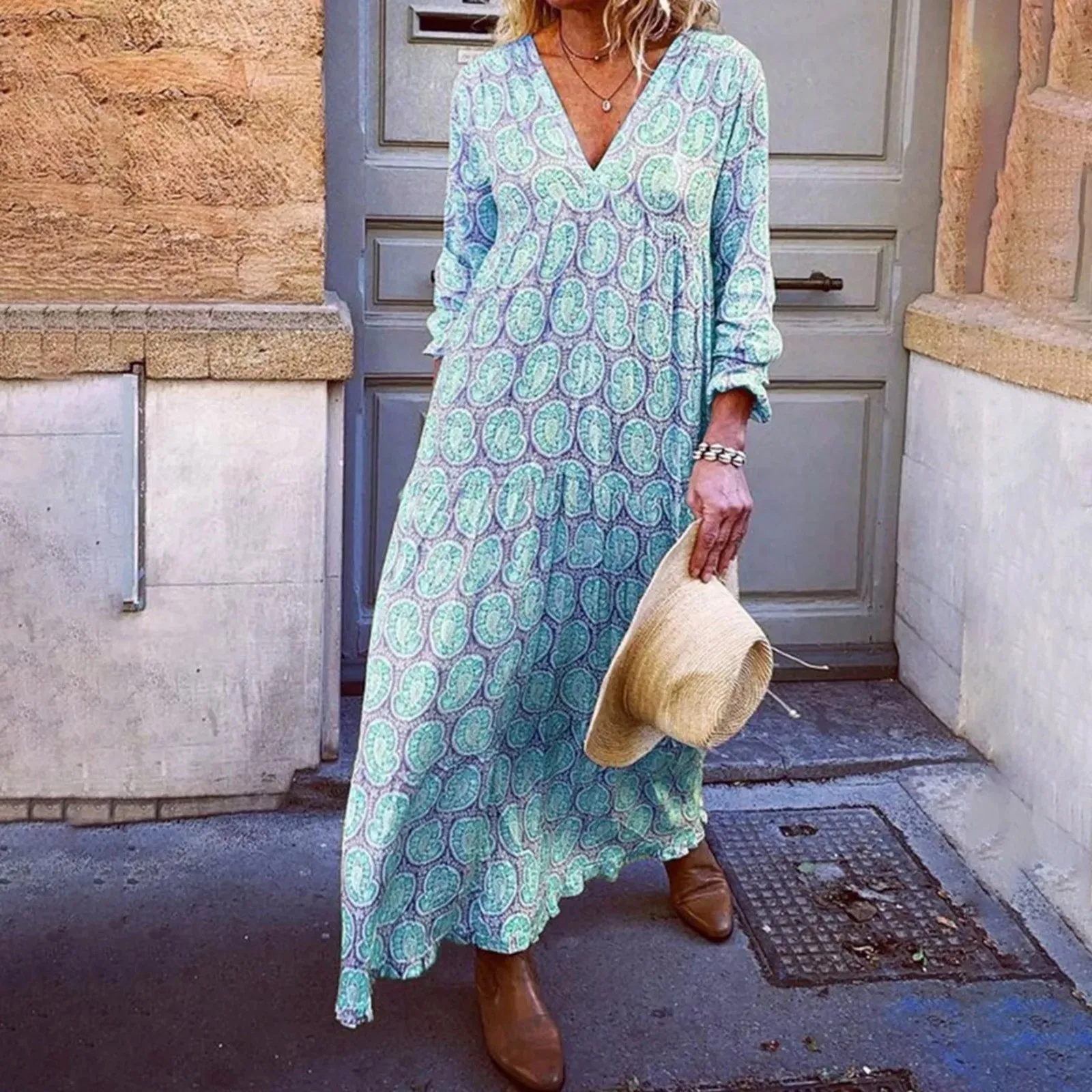 New Fashion Printed Long Bohemian V Long Sleeve Casual Summer Neck Retro Loose Beach Dress