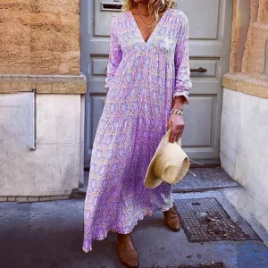 New Fashion Printed Long Bohemian V Long Sleeve Casual Summer Neck Retro Loose Beach Dress
