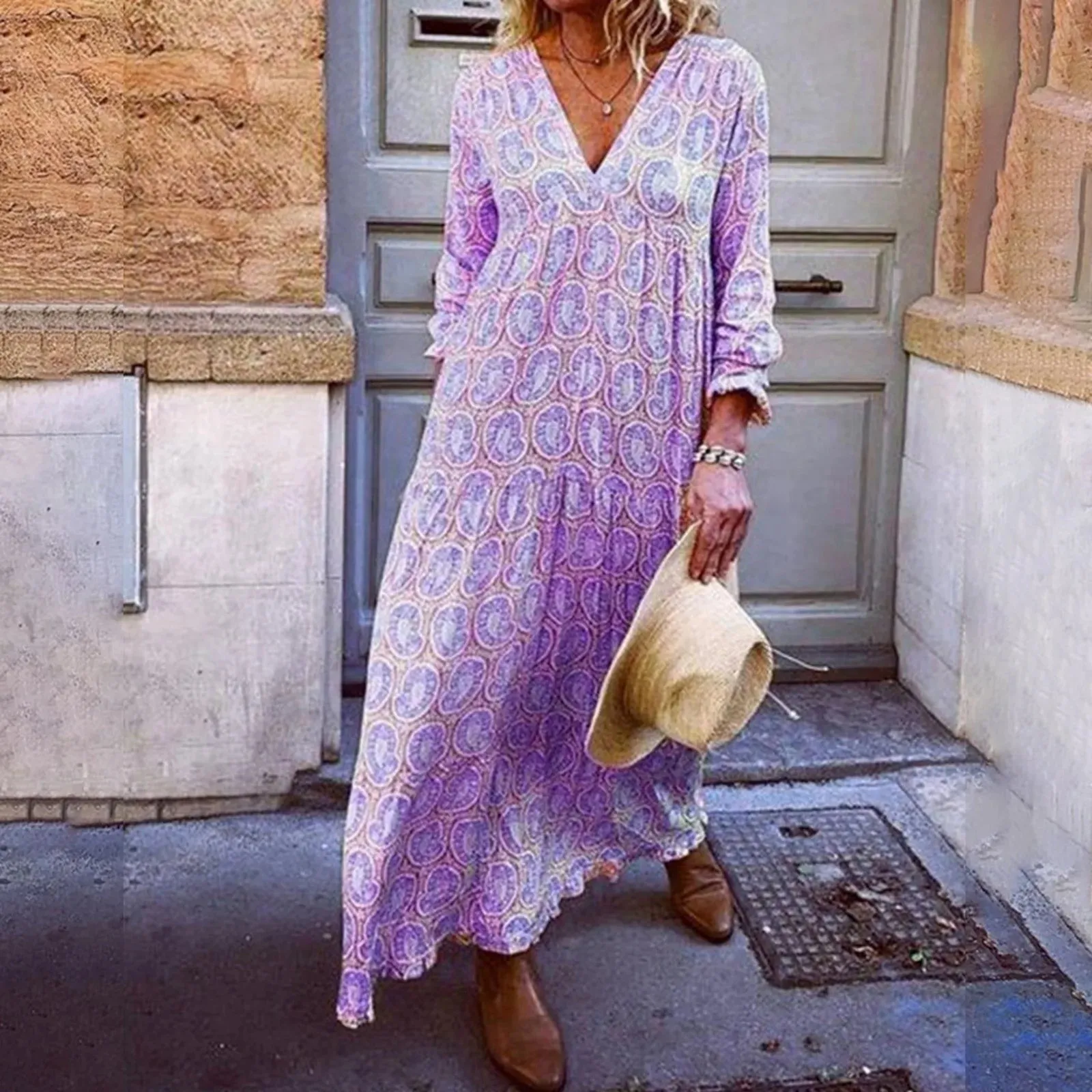 New Fashion Printed Long Bohemian V Long Sleeve Casual Summer Neck Retro Loose Beach Dress