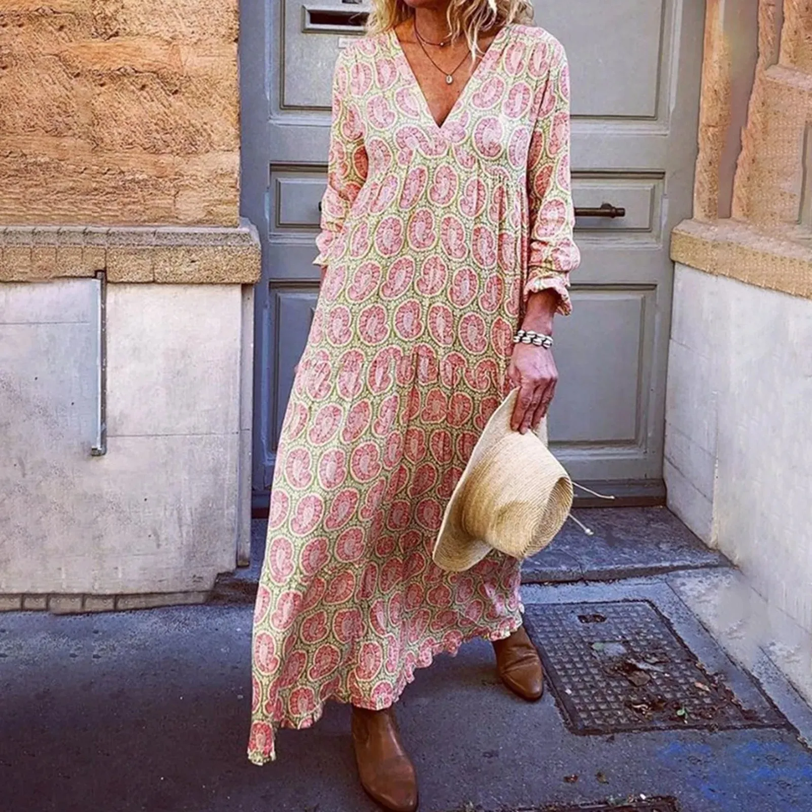 New Fashion Printed Long Bohemian V Long Sleeve Casual Summer Neck Retro Loose Beach Dress