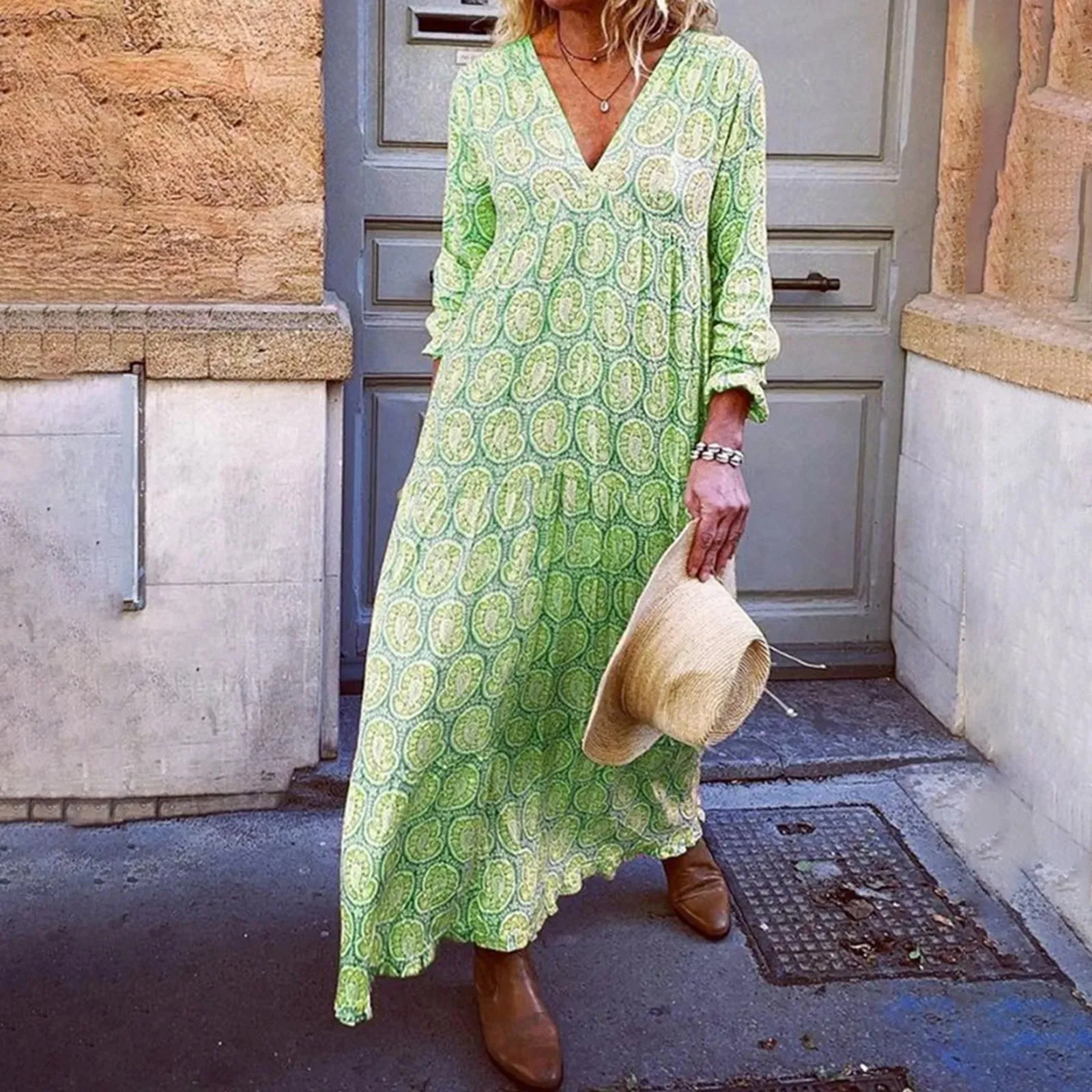 New Fashion Printed Long Bohemian V Long Sleeve Casual Summer Neck Retro Loose Beach Dress