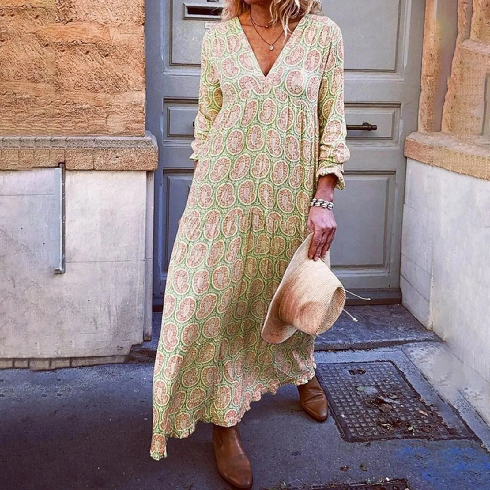 New Fashion Printed Long Bohemian V Long Sleeve Casual Summer Neck Retro Loose Beach Dress