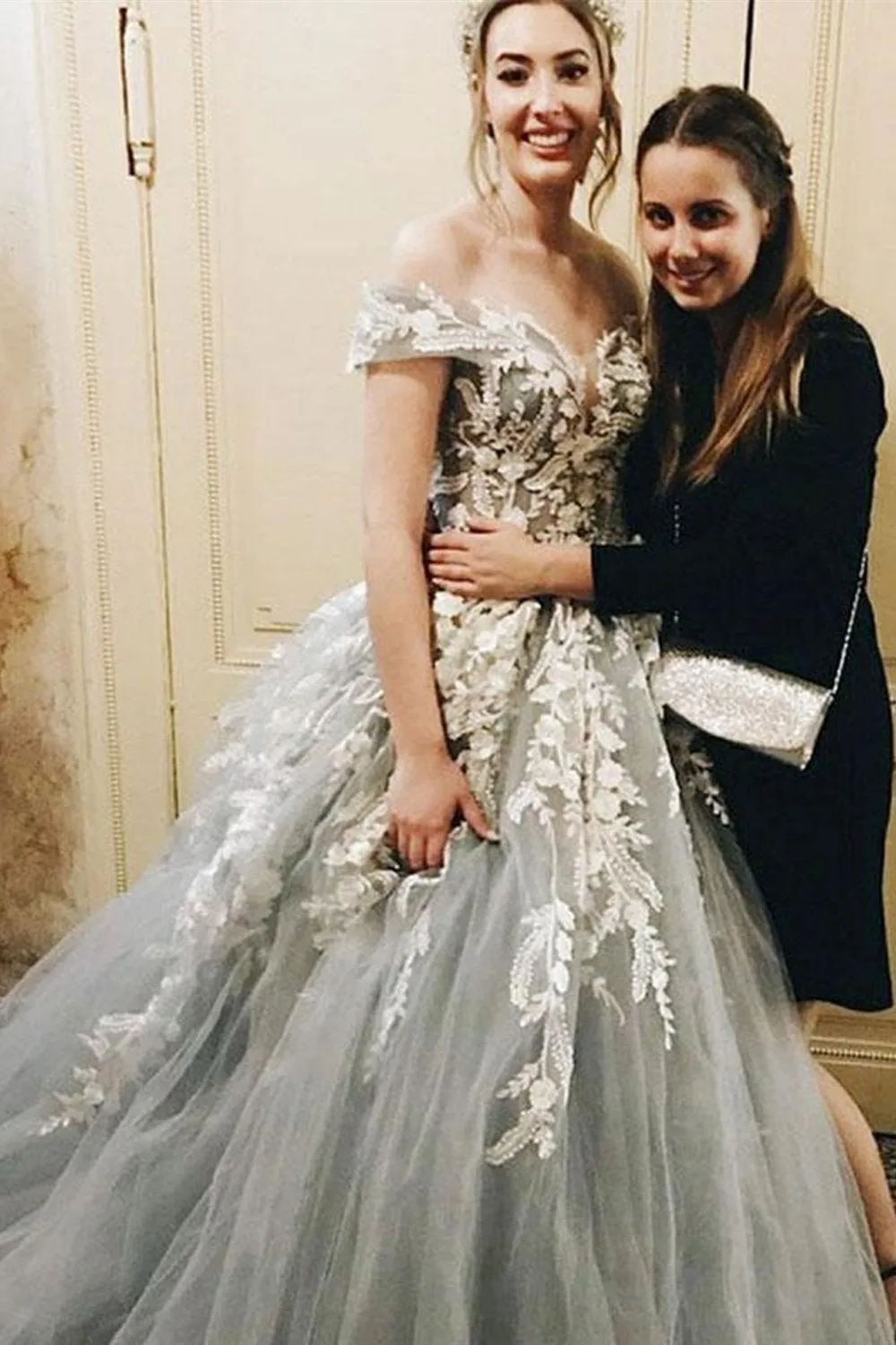 Off Shoulder Gray Lace Long Prom Dresses, Princess Tulle Formal Dress